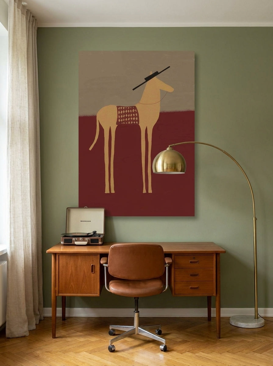 Stretched canvas wall art styled on the wall in a mid-century home office