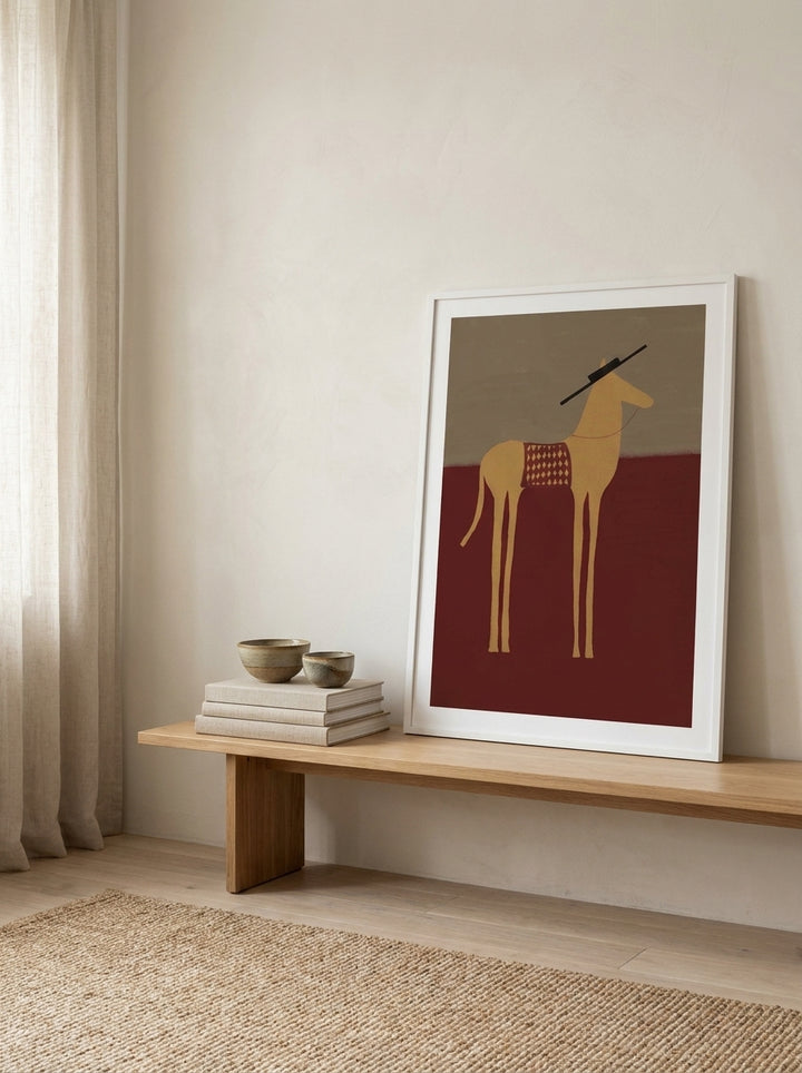 Modern wall art print standing on a bench in a warm Japandi home office