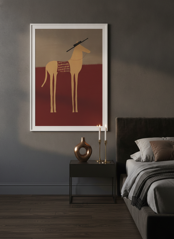 Modern wall art print styled on the wall in a moody bedroom