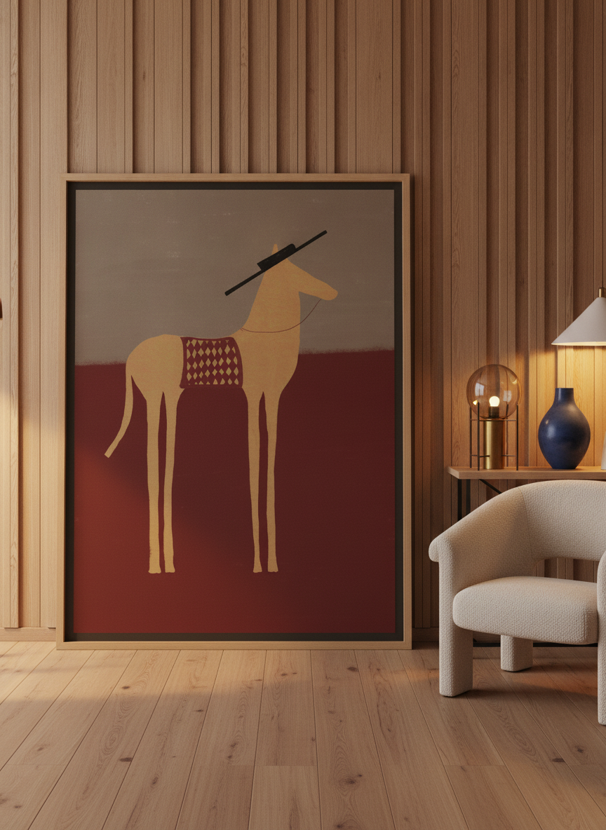 Oversized statement canvas wall art with a natural timber surround leaning against the wall in a luxe dining room