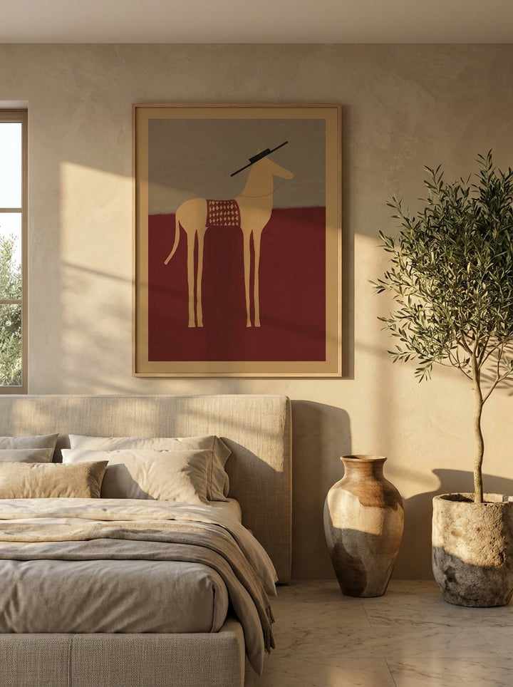 Oversized statement modern wall art print styled on the wall in a luxe bedroom