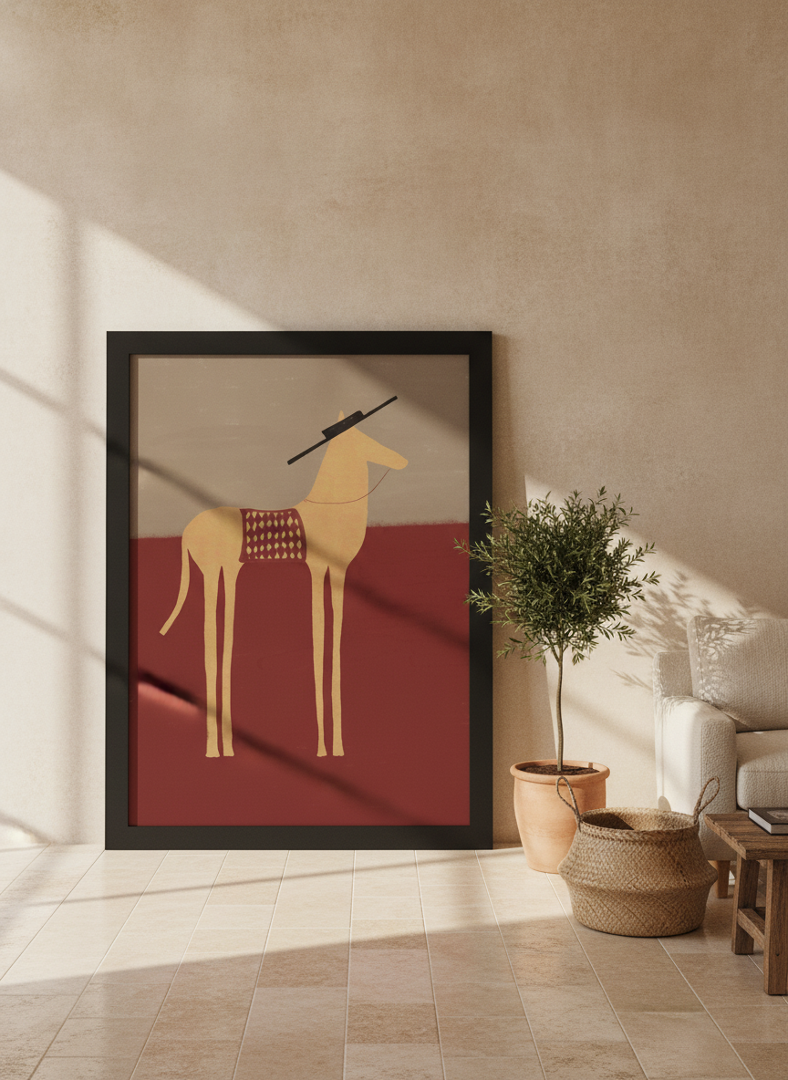 Oversized statement modern wall art print leaning against the wall in a Mediterranean bedroom