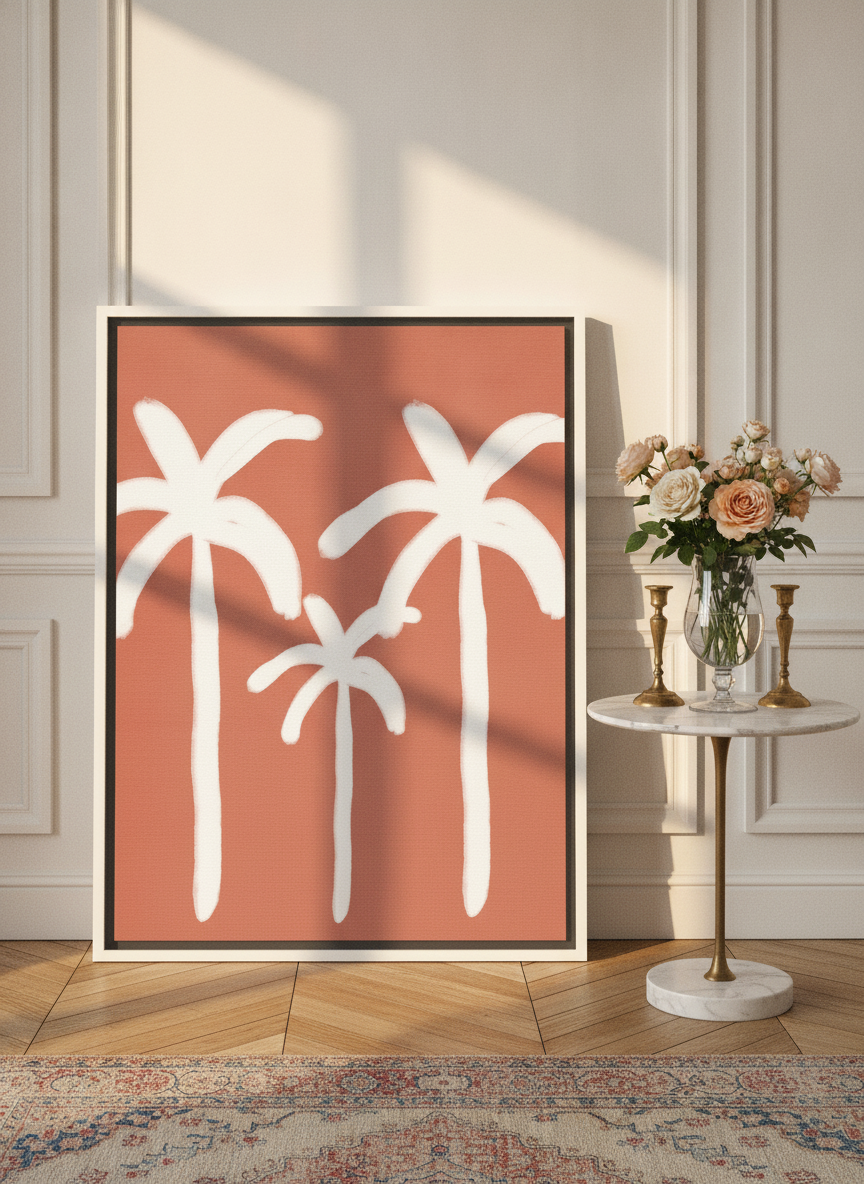Canvas wall art with a white surround leaning against the wall in a Parisian home office