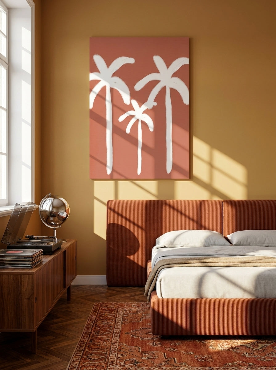 Stretched canvas wall art styled on the wall in a retro 70s bedroom