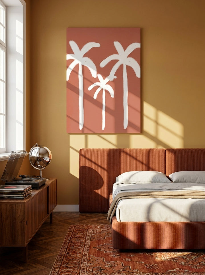 Stretched canvas wall art styled on the wall in a retro 70s bedroom