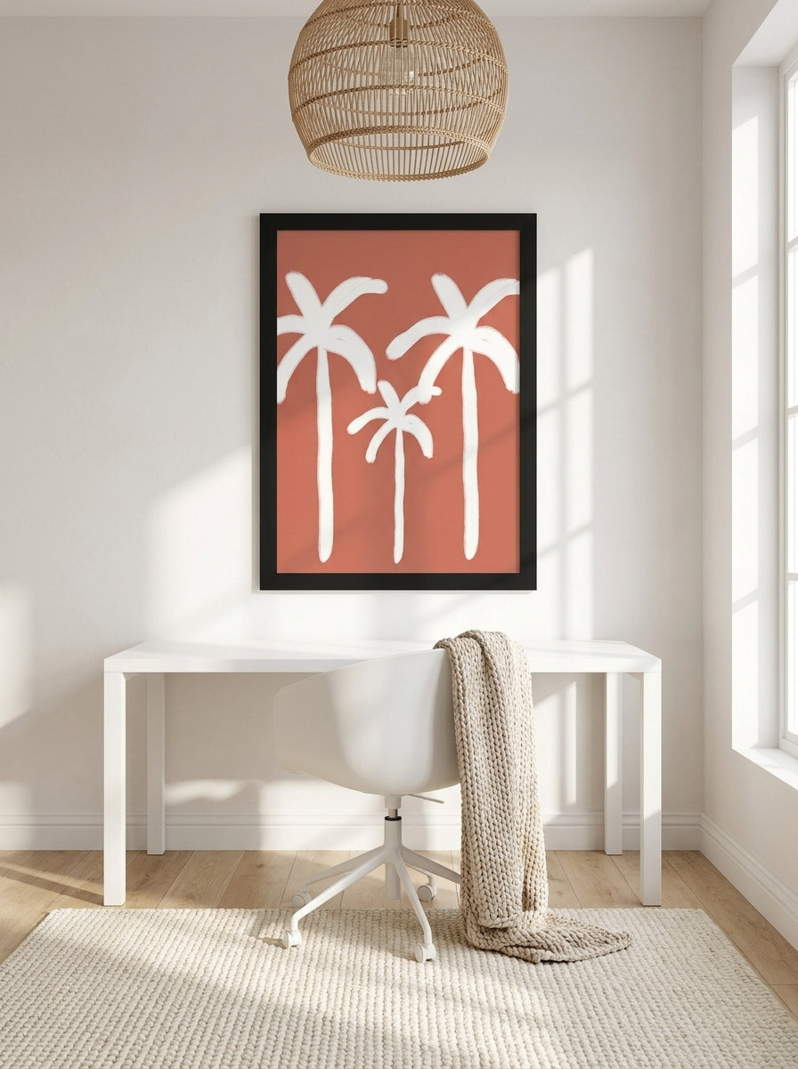 Modern wall art print styled on the wall in a bright Scandinavian home office