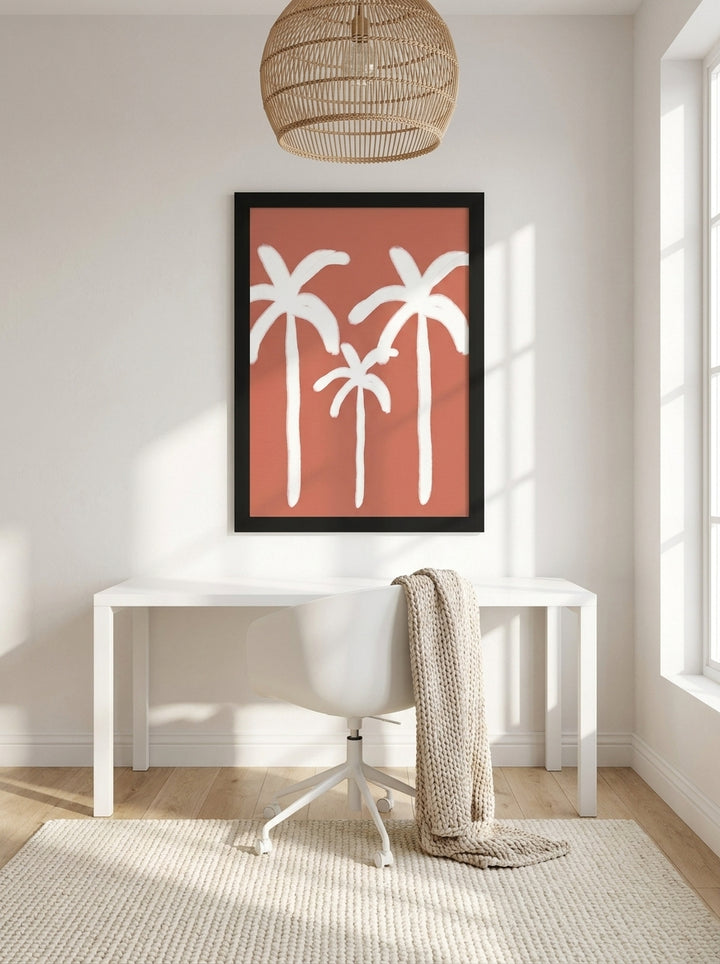 Modern wall art print styled on the wall in a bright Scandinavian home office