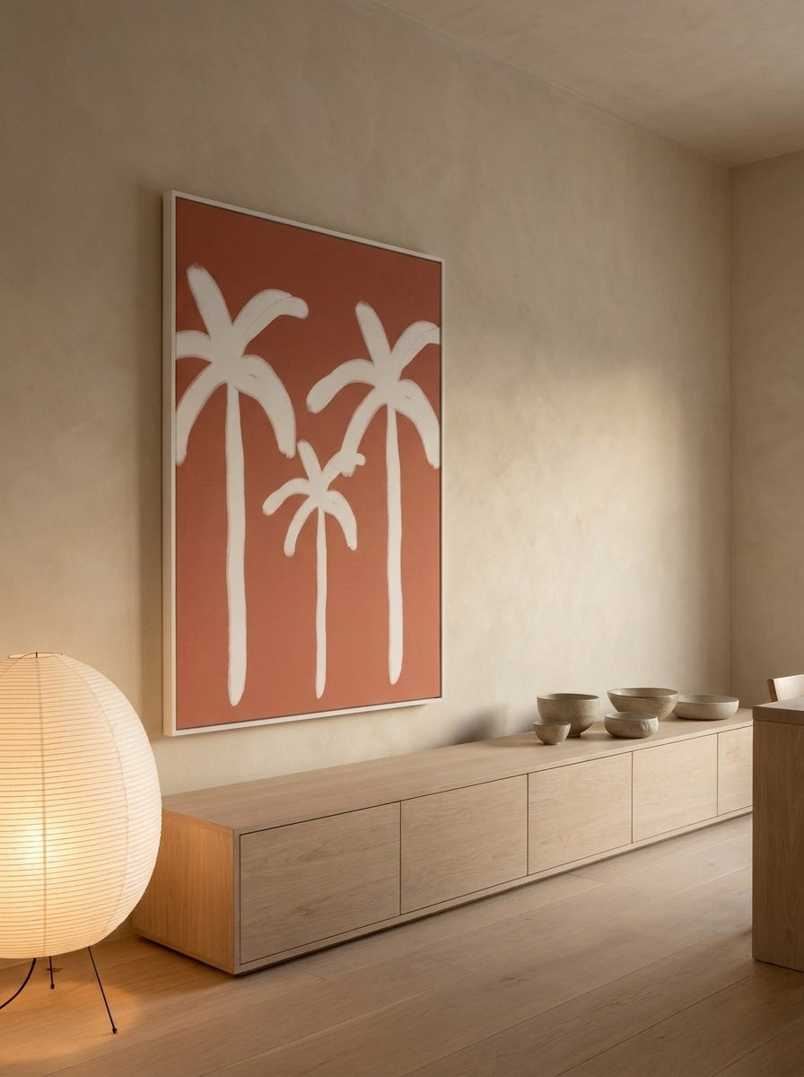 Oversized statement modern wall art print styled on the wall in a warm Japandi living room