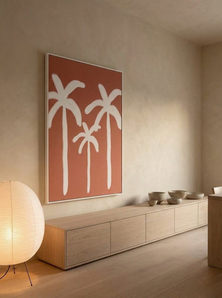 Oversized statement modern wall art print styled on the wall in a warm Japandi living room