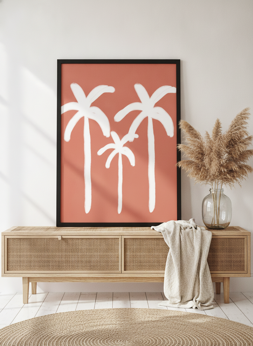 Modern wall art print standing on a sideboard in a coastal bedroom