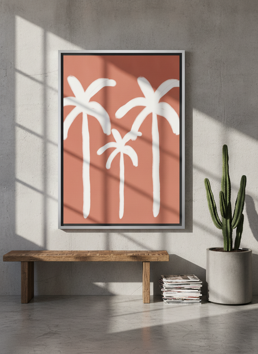 Canvas wall art with a silver leaf surround standing on a bench in an industrial loft bedroom