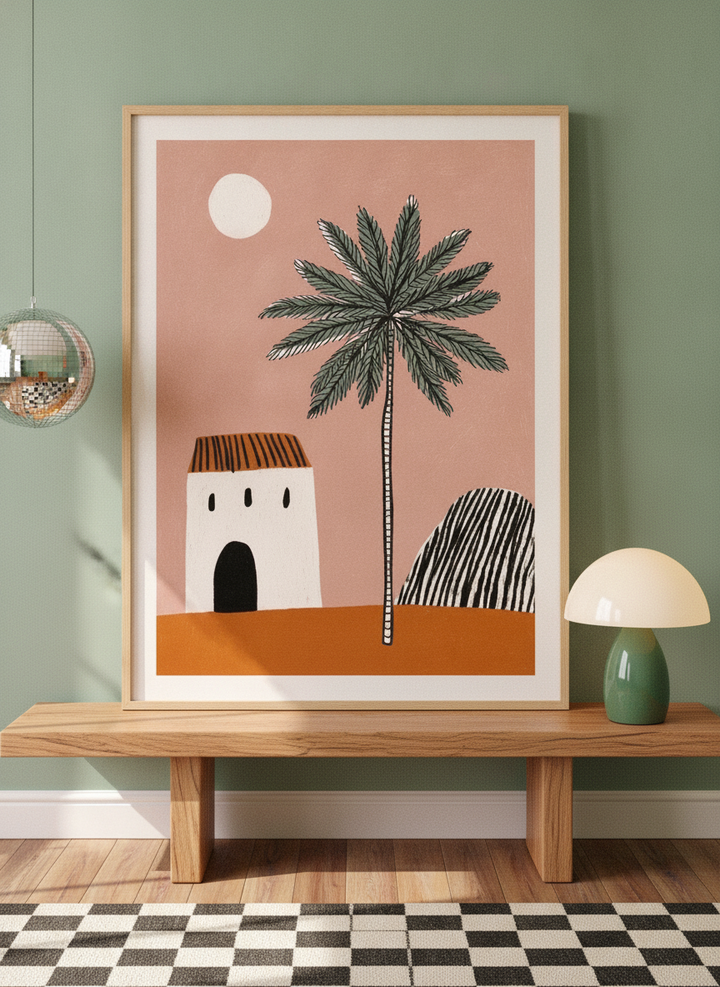 Modern wall art print standing on a side table in a colourful eclectic bedroom
