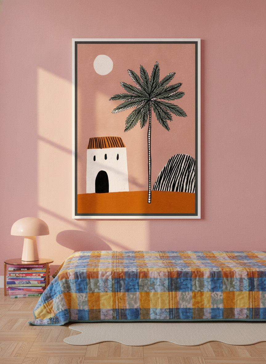 Canvas wall art with a white surround styled on the wall in a colourful eclectic bedroom
