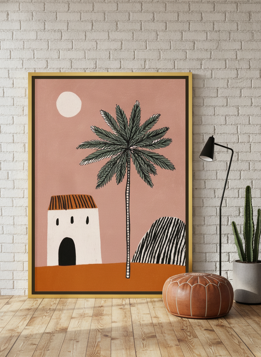 Oversized statement canvas wall art with a gold leaf surround leaning against the wall in an industrial loft dining room