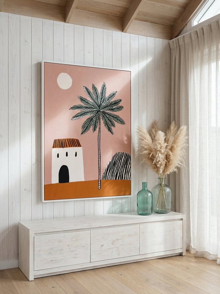 Oversized statement modern wall art print styled on the wall in a coastal living room