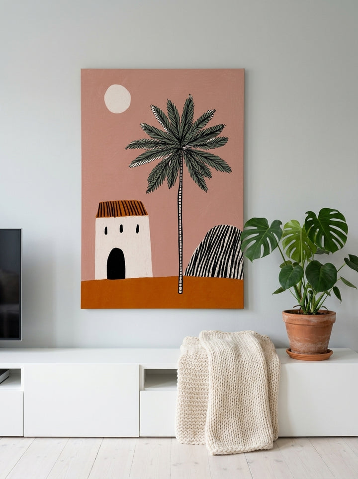 Stretched canvas wall art styled on the wall in a bright Scandinavian living room