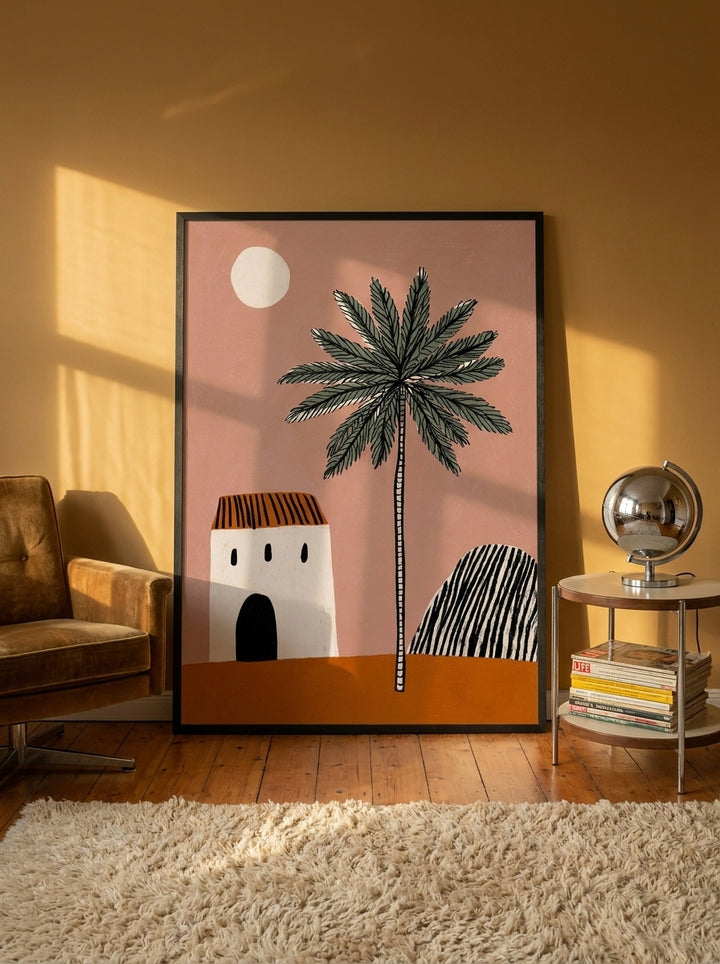 Oversized statement modern wall art print leaning against the wall in a retro 70s dining room