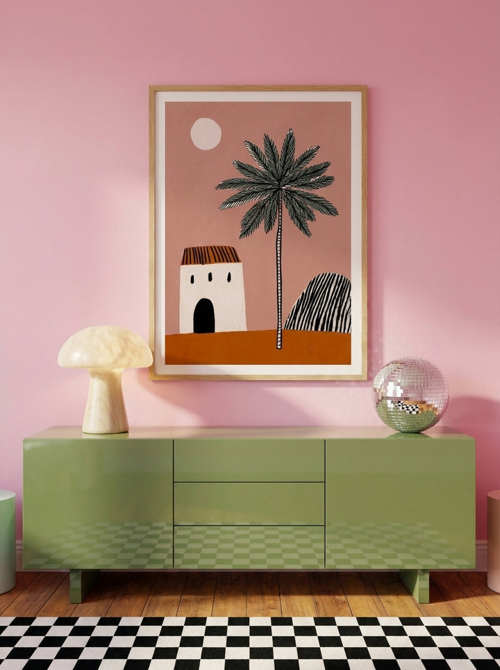 Modern wall art print styled on the wall in a colourful eclectic living room