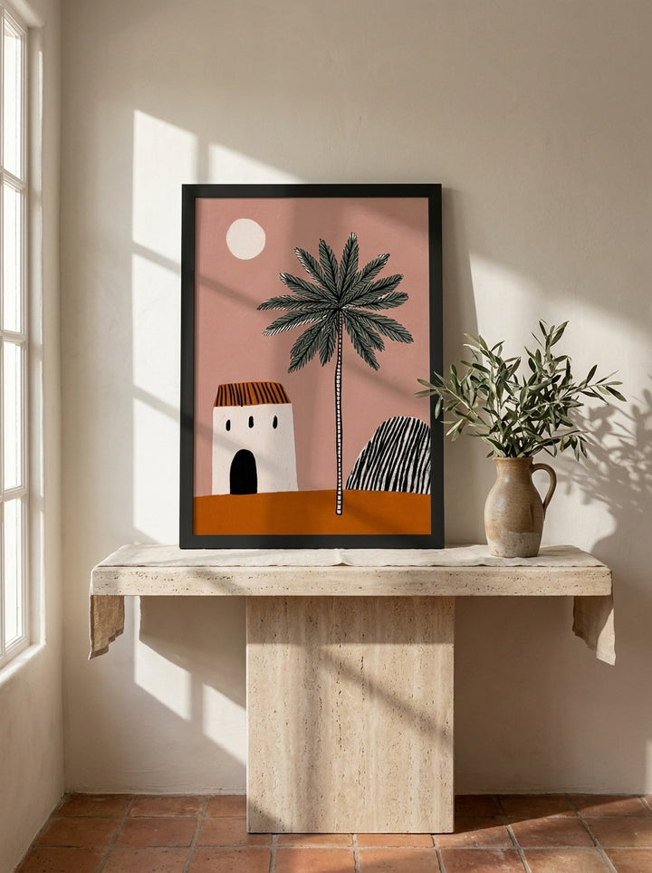 Modern wall art print standing on a console in a Mediterranean bedroom