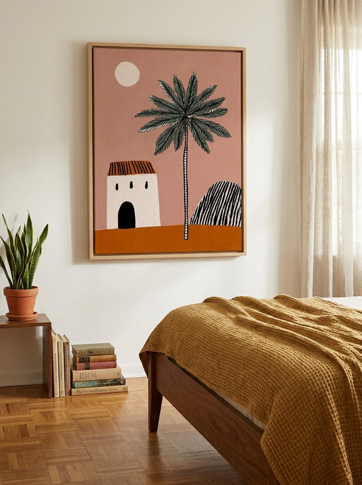Canvas wall art with a natural timber surround styled on the wall in a mid-century bedroom