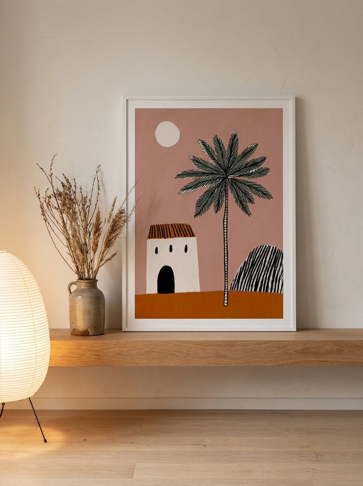 Modern wall art print standing on a shelf in a warm Japandi home office