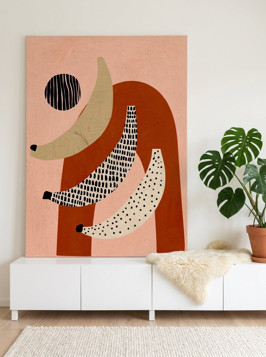 Stretched canvas wall art standing on a sideboard in a bright Scandinavian dining room