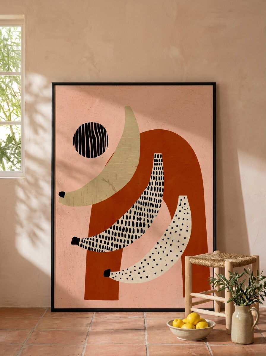 Oversized statement modern wall art print leaning against the wall in a Mediterranean dining room