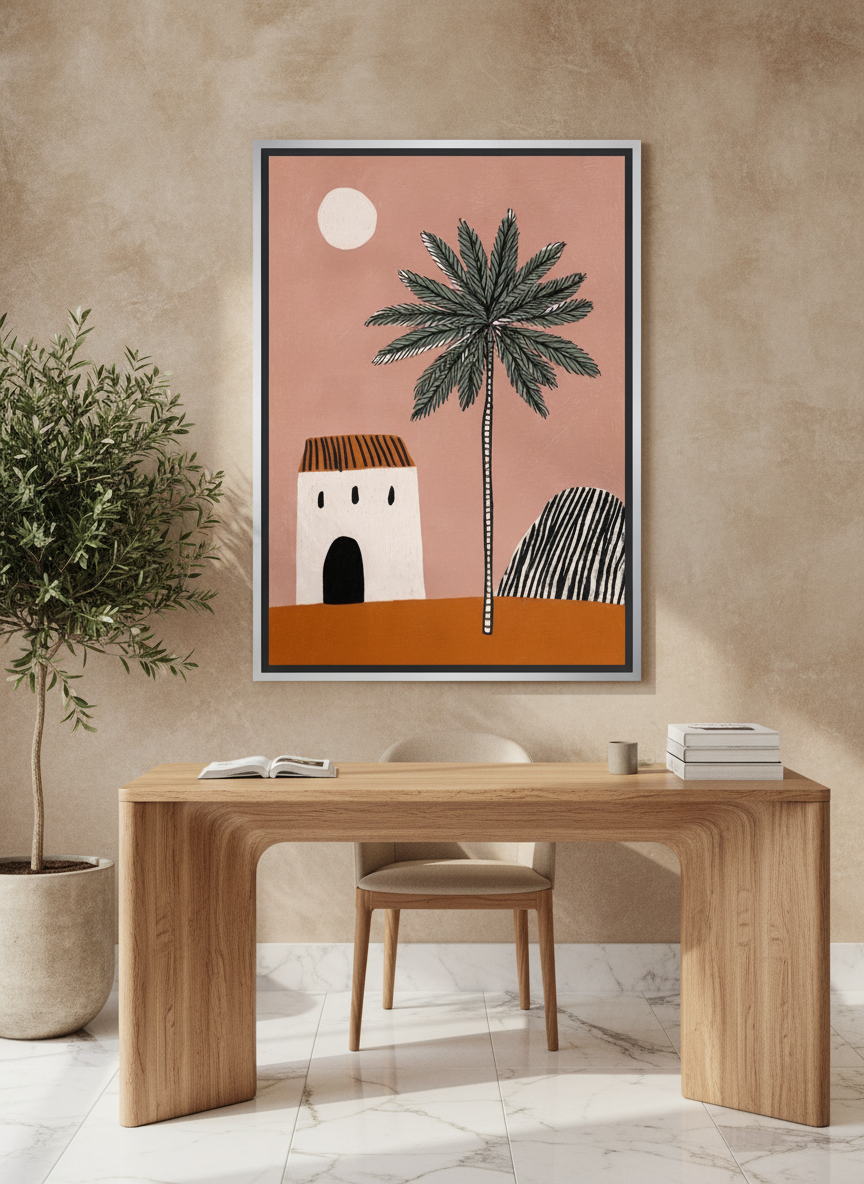 Canvas wall art with a silver leaf surround styled on the wall in a luxe home office
