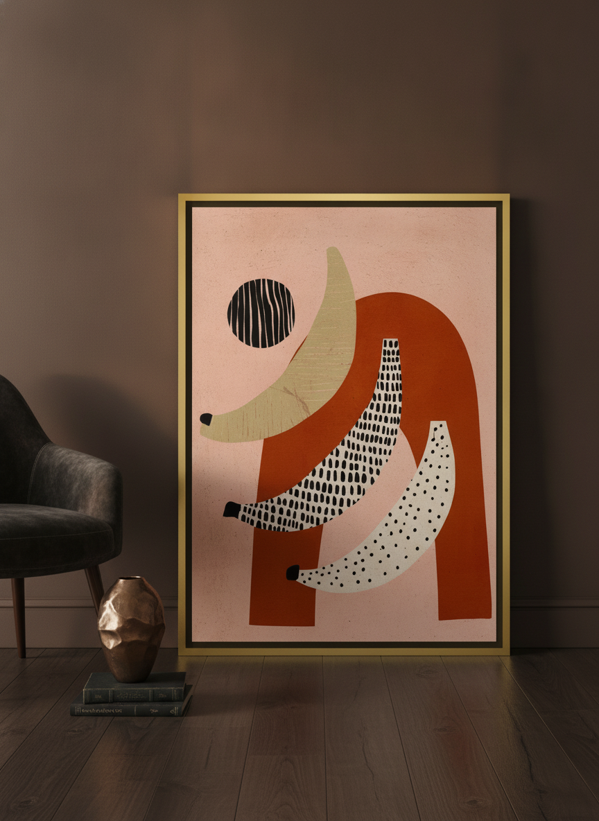 Canvas wall art with a gold leaf surround leaning against the wall in a moody kitchen