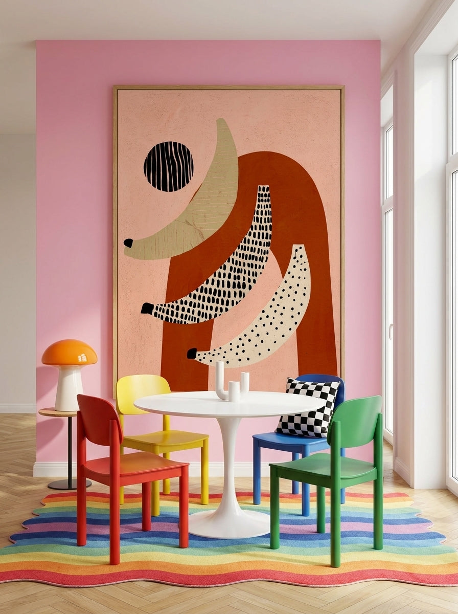 Oversized statement modern wall art print styled on the wall in a colourful eclectic dining room