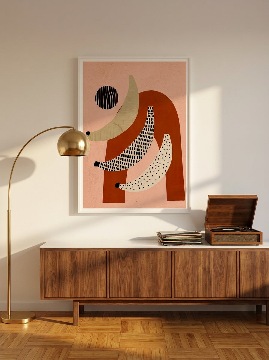 Modern wall art print styled on the wall in a mid-century kitchen