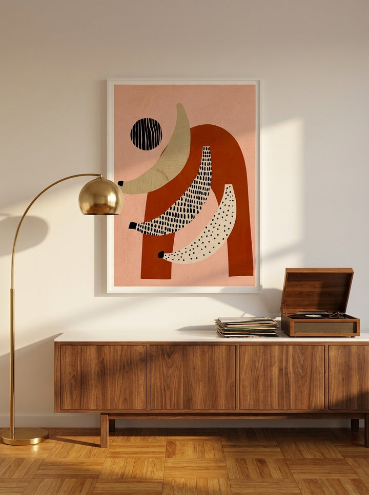 Modern wall art print styled on the wall in a mid-century kitchen