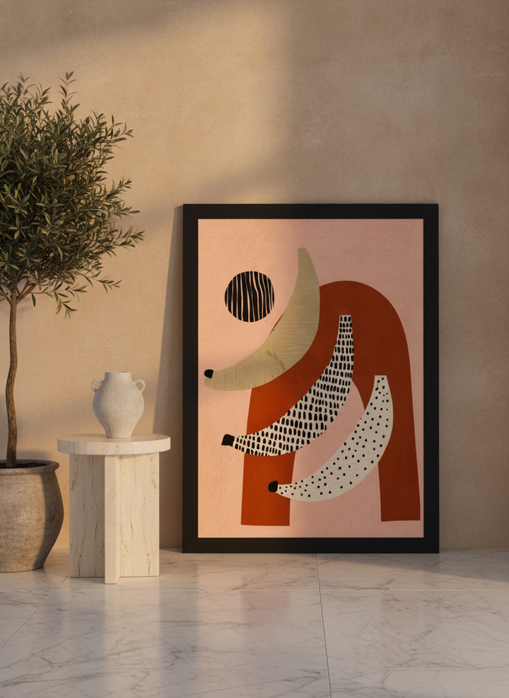 Modern wall art print leaning against the wall in a luxe bathroom