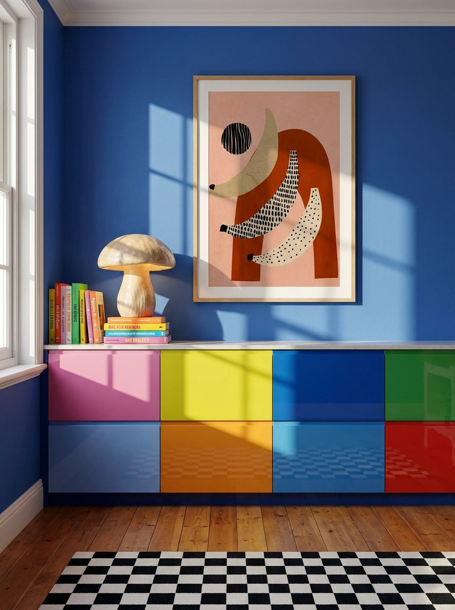 Modern wall art print styled on the wall in a colourful eclectic kitchen