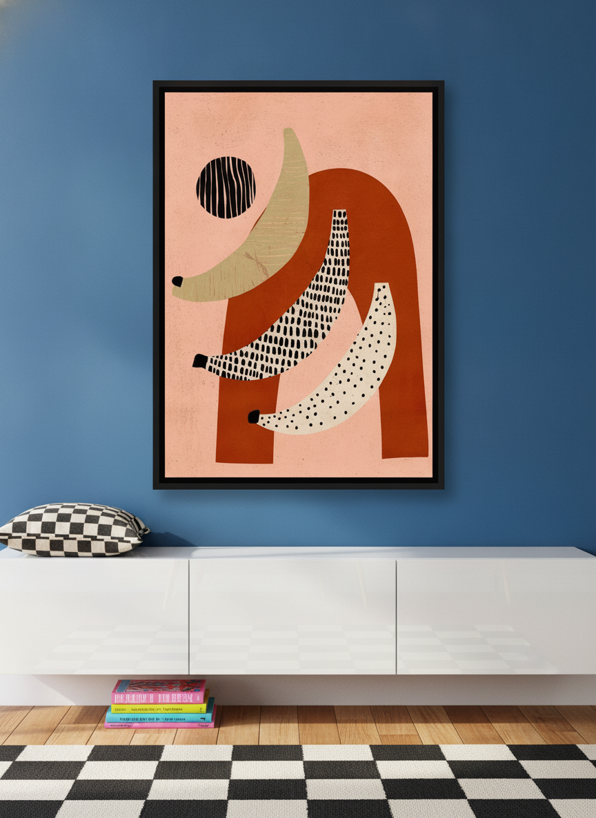 Canvas wall art with a black surround styled on the wall in a colourful eclectic living room
