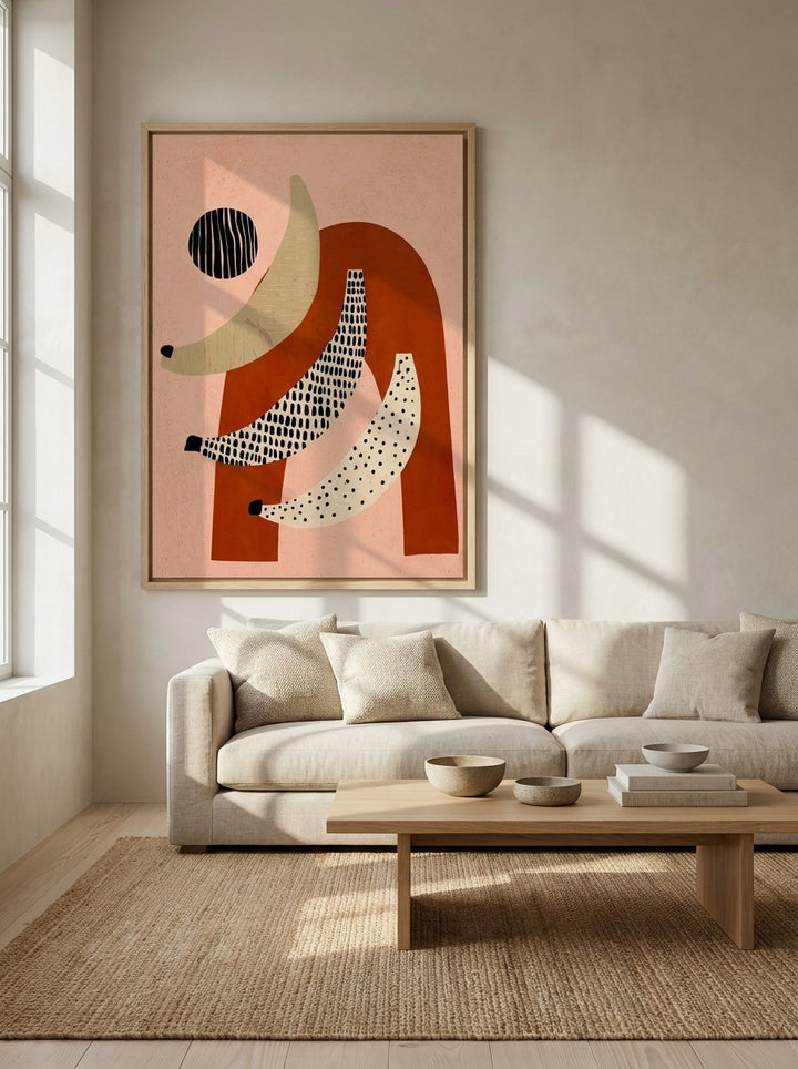 Oversized statement canvas wall art with a natural timber surround styled on the wall in a warm Japandi living room