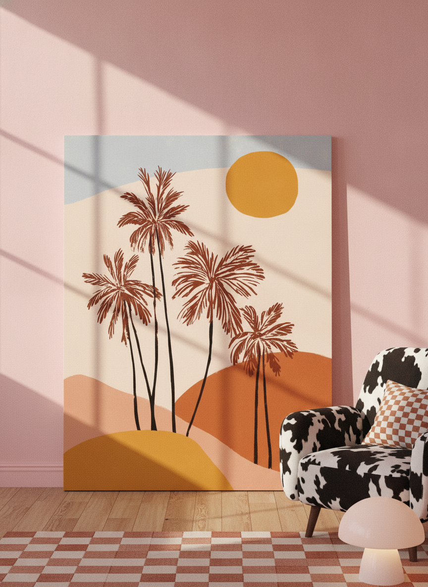 Stretched canvas wall art leaning against the wall in a colourful eclectic bedroom