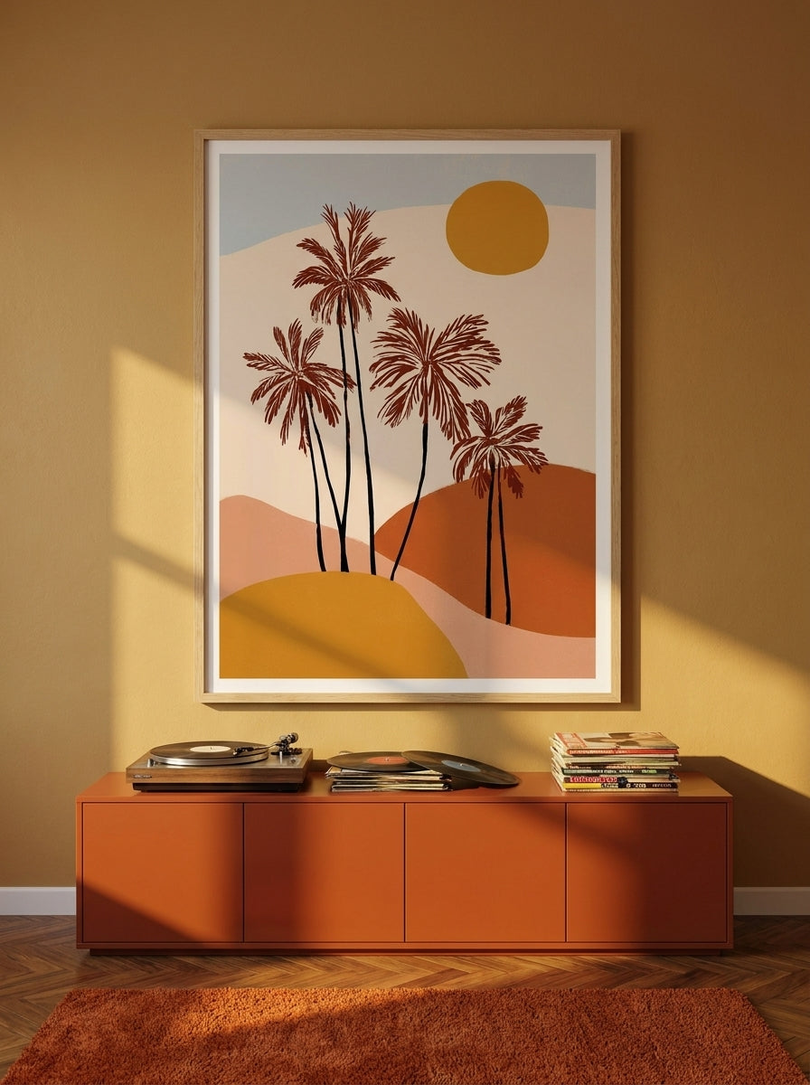 Modern wall art print styled on the wall in a retro 70s living room