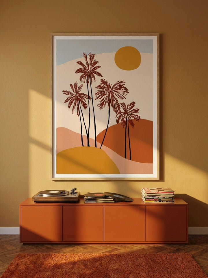 Modern wall art print styled on the wall in a retro 70s living room