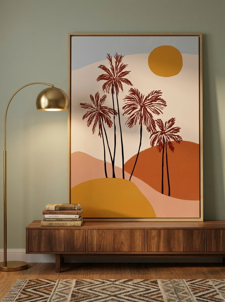 Canvas wall art with a natural timber surround standing on a sideboard in a mid-century home office