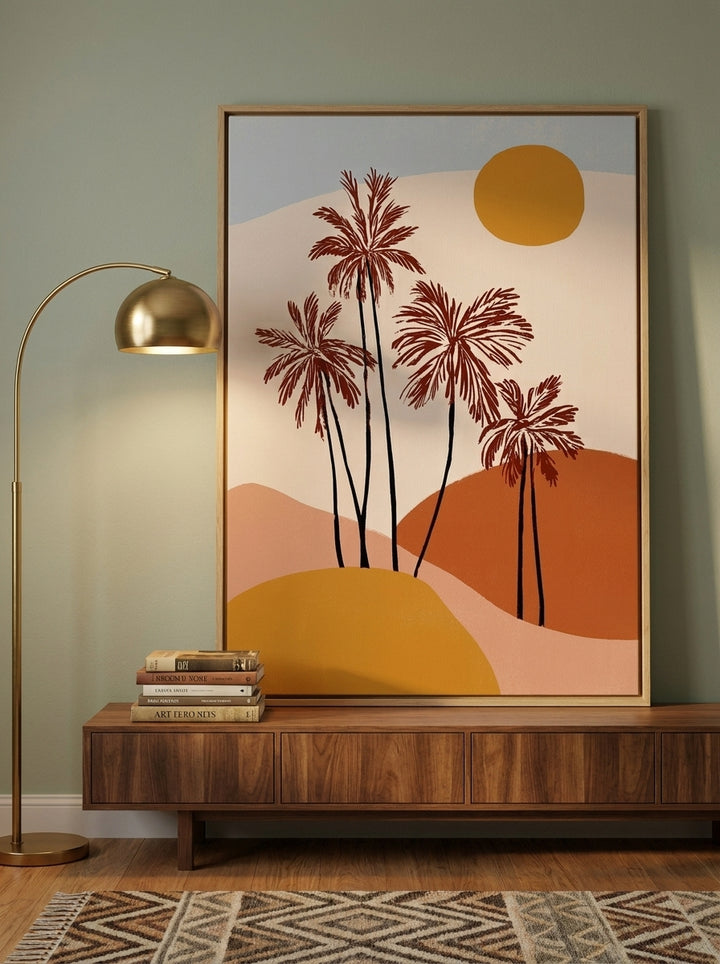 Canvas wall art with a natural timber surround standing on a sideboard in a mid-century home office