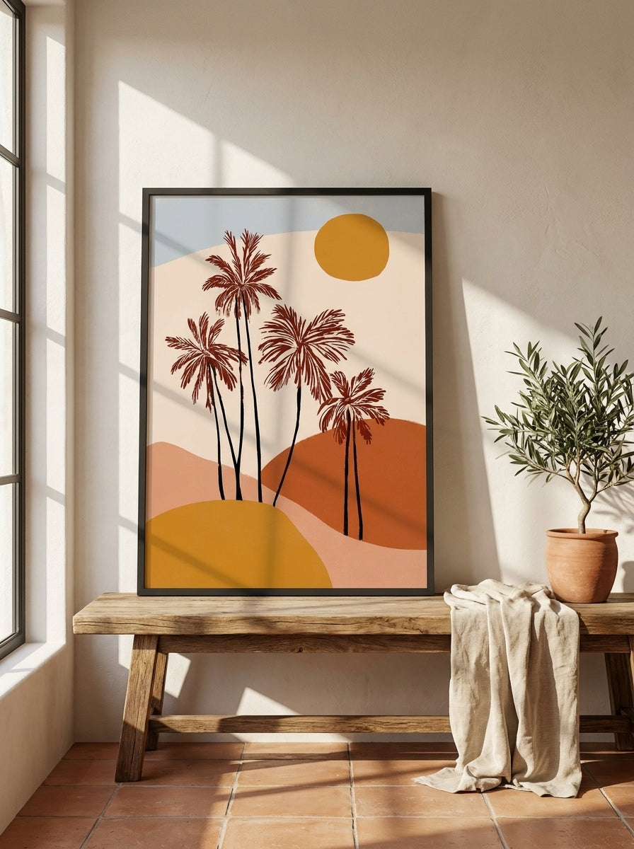 Modern wall art print standing on a bench in a Mediterranean bedroom
