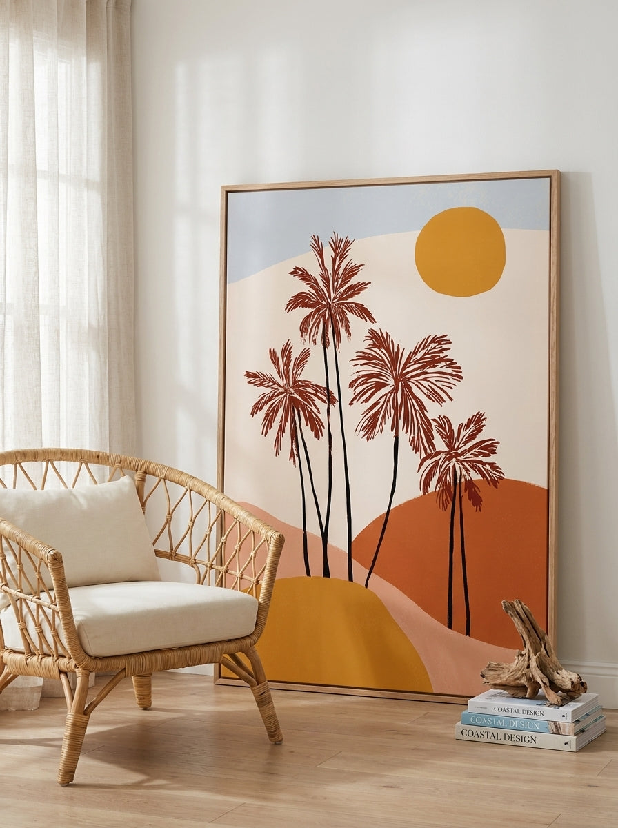 Oversized statement modern wall art print leaning against the wall in a coastal living room
