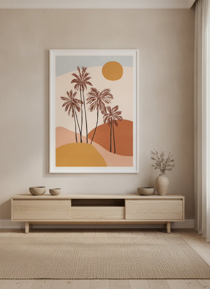 Oversized statement modern wall art print styled on the wall in a warm Japandi living room