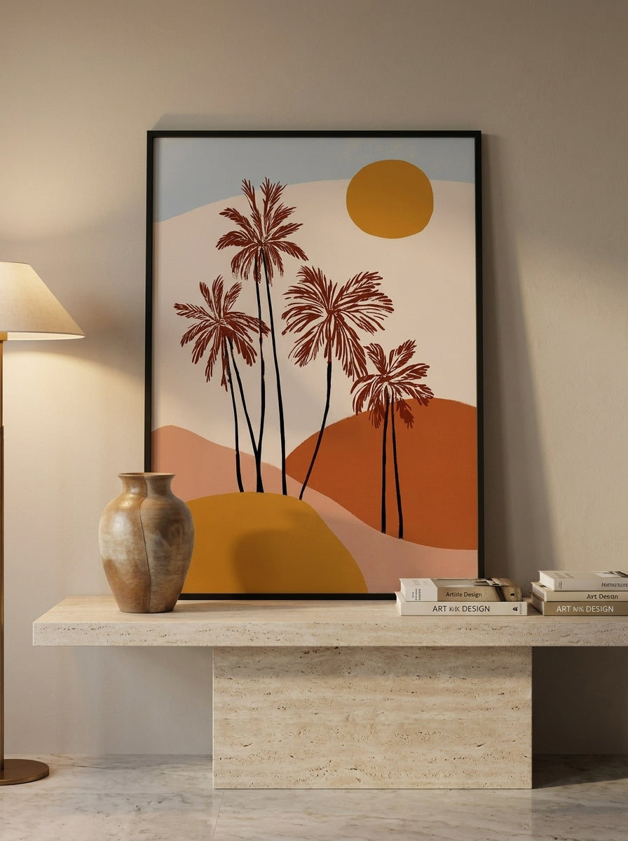 Modern wall art print standing on a console in a luxe bedroom