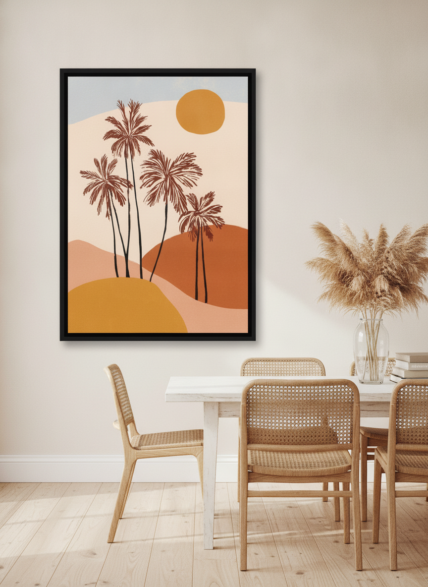 Oversized statement canvas wall art with a black surround styled on the wall in a coastal dining room