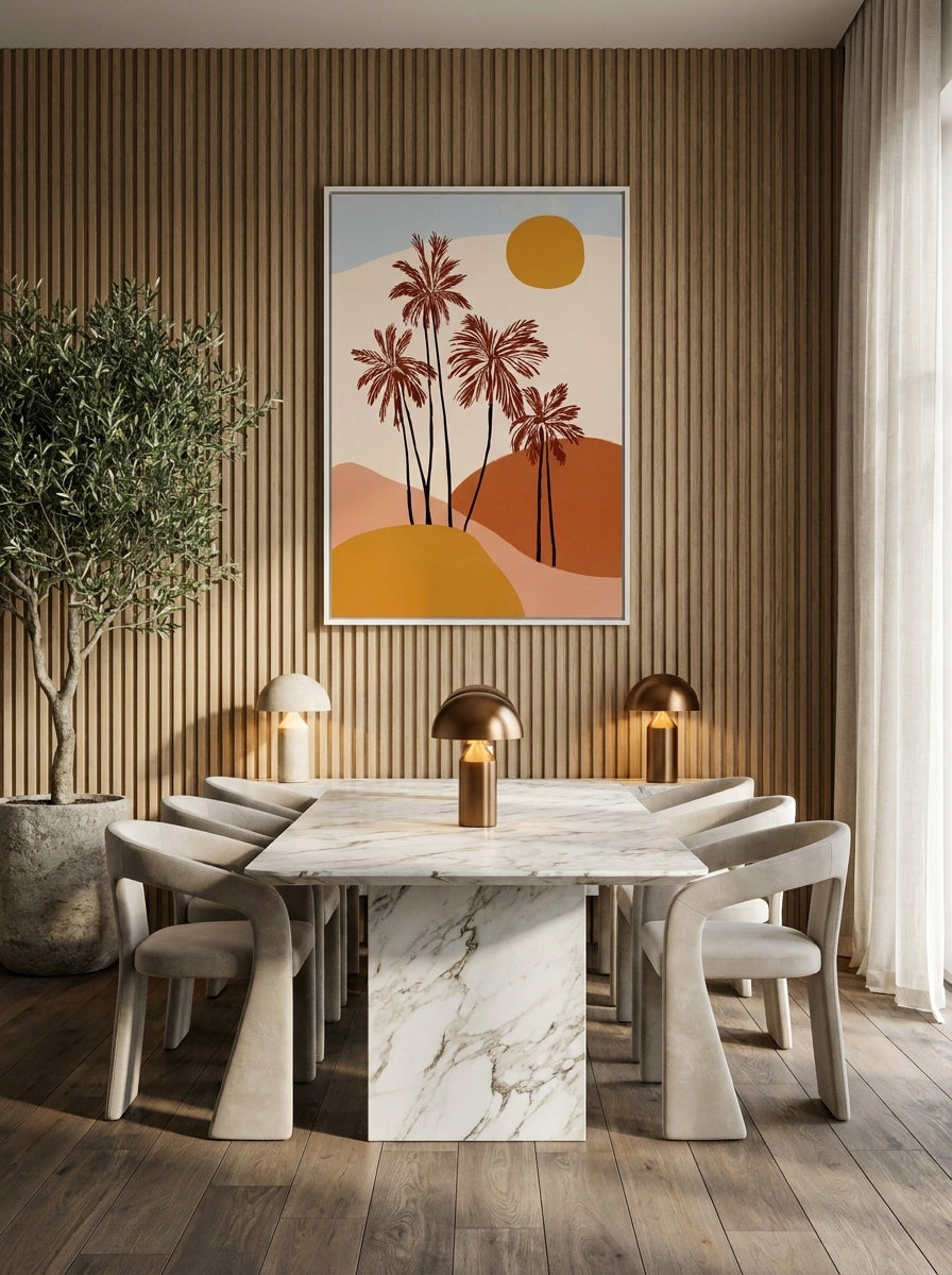 Canvas wall art with a white surround styled on the wall in a luxe dining room