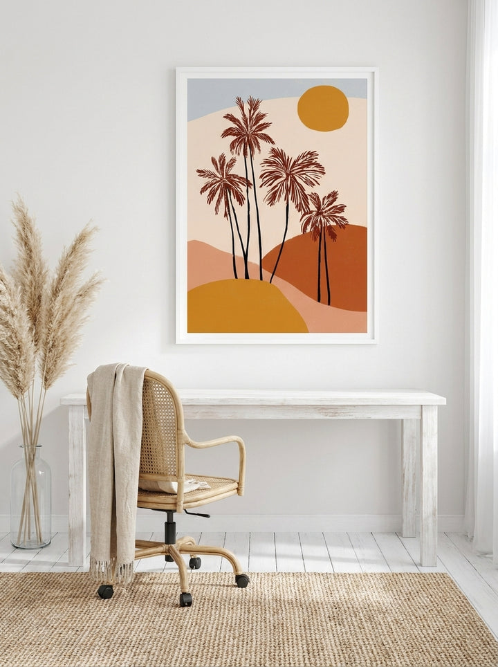 Modern wall art print styled on the wall in a coastal home office