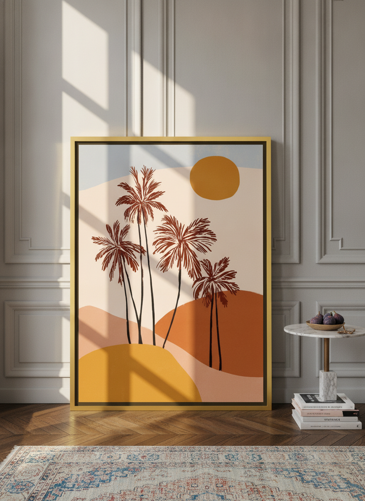 Oversized statement canvas wall art with a gold leaf surround leaning against the wall in a Parisian living room