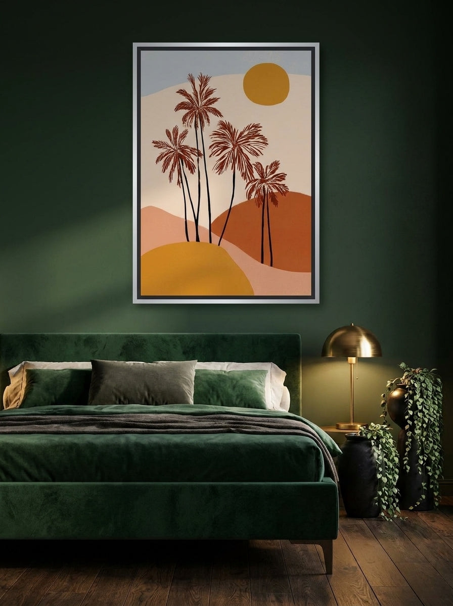 Canvas wall art with a silver leaf surround styled on the wall in a moody bedroom
